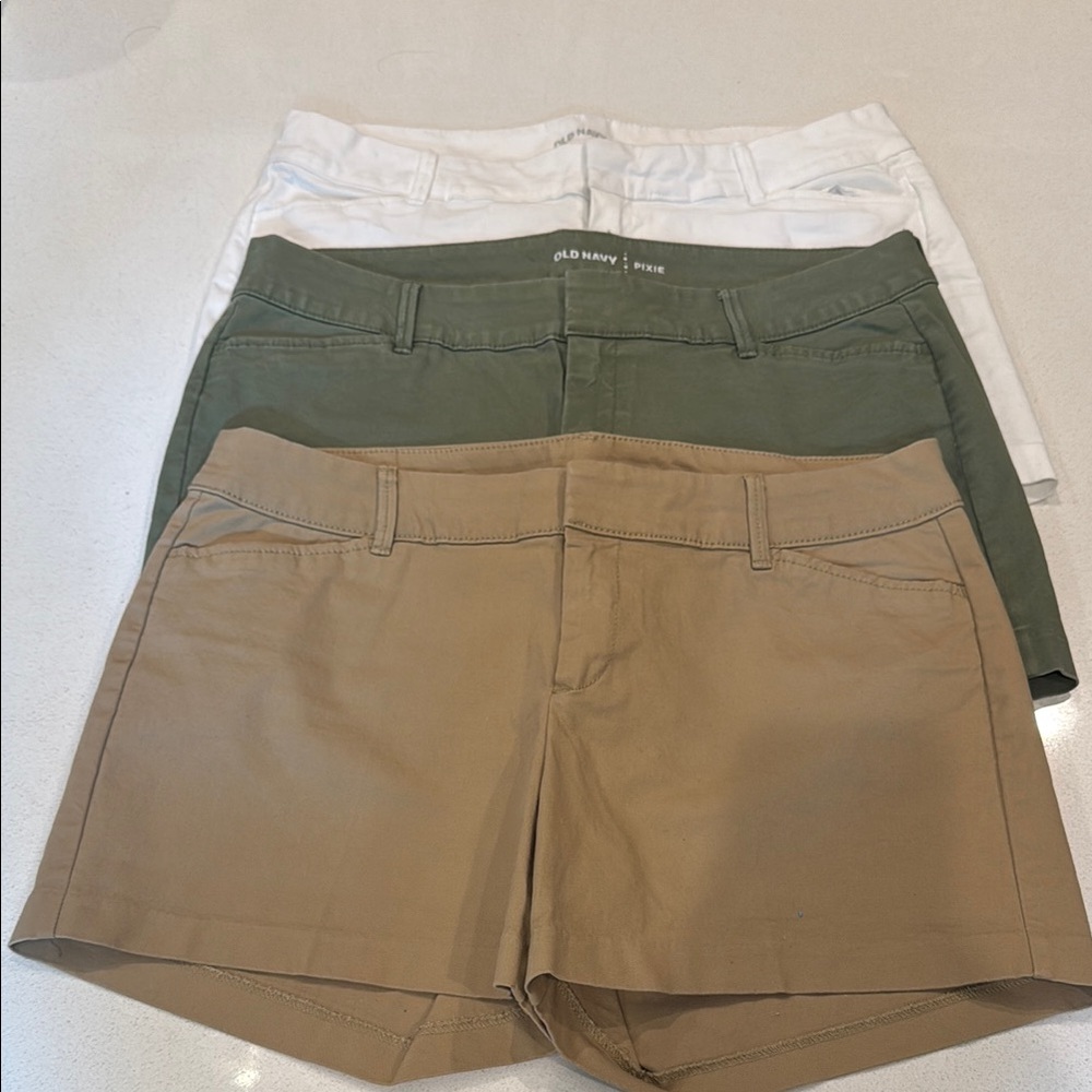 Old Navy Pixie Shorts, set of 3 in white, green, and khaki